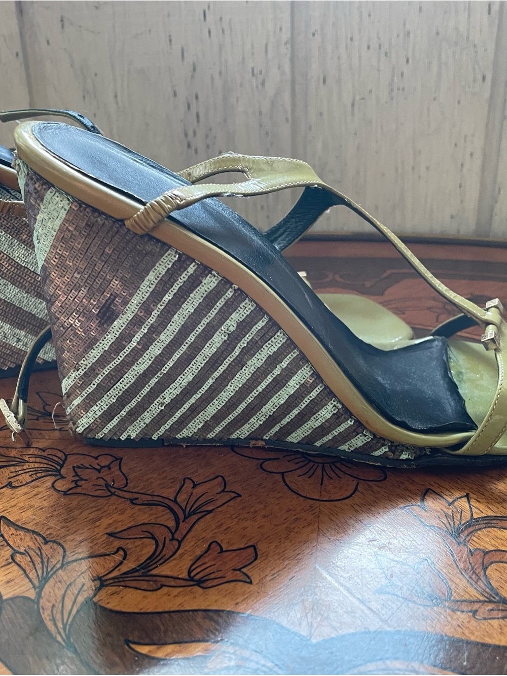 Gucci sequin and patent Strappy Wedge Sandals with Sequin wedge